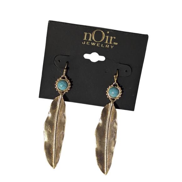 Gold Tone Leaf Turquoise Dangle Earrings by nOir - Picture 1 of 4